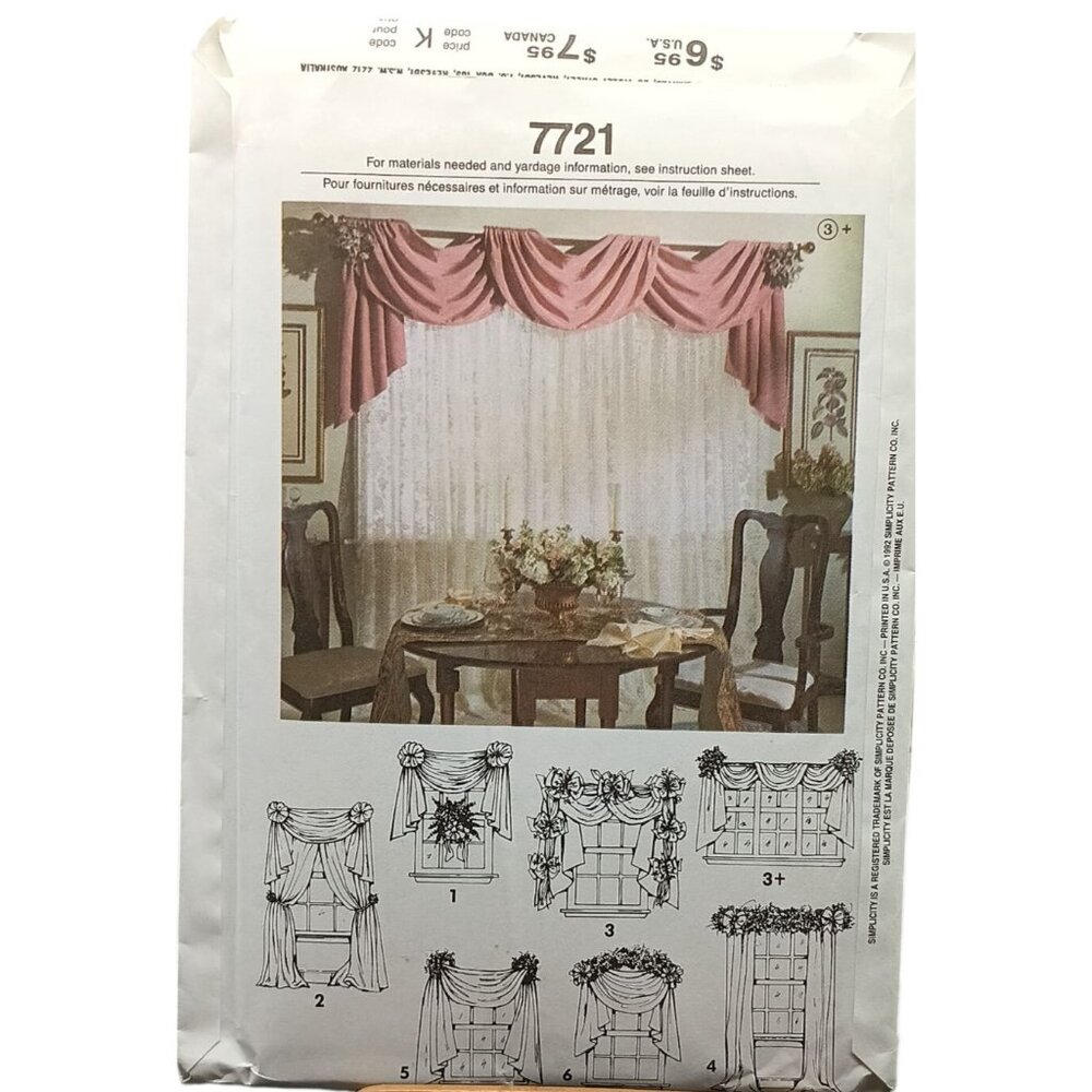 UNCUT Simplicity 7721 Jiffy 6 Pack Vintage Window Treatment Sewing Pattern 1986 - Picture 2 of 2